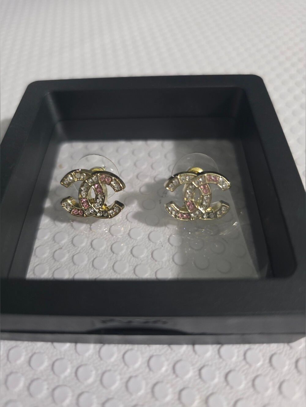 CHANEL Gold-Tone CC Stud Earrings with Pink Crystals